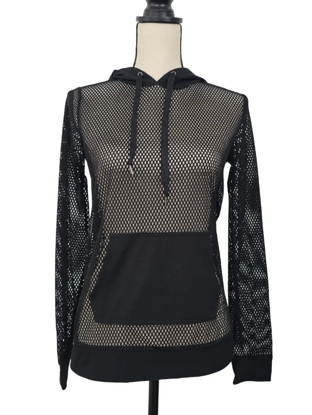 Women’s Black Mesh Hoodie with Kangaroo Pocket